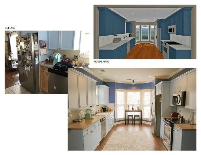 A kitchen shown three ways: the room before, the three dimensional rendering, and the finished remodel.